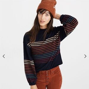 Madewell Navy Bubble-Sleeve Mockneck Top in Kinzie Stripe, XS